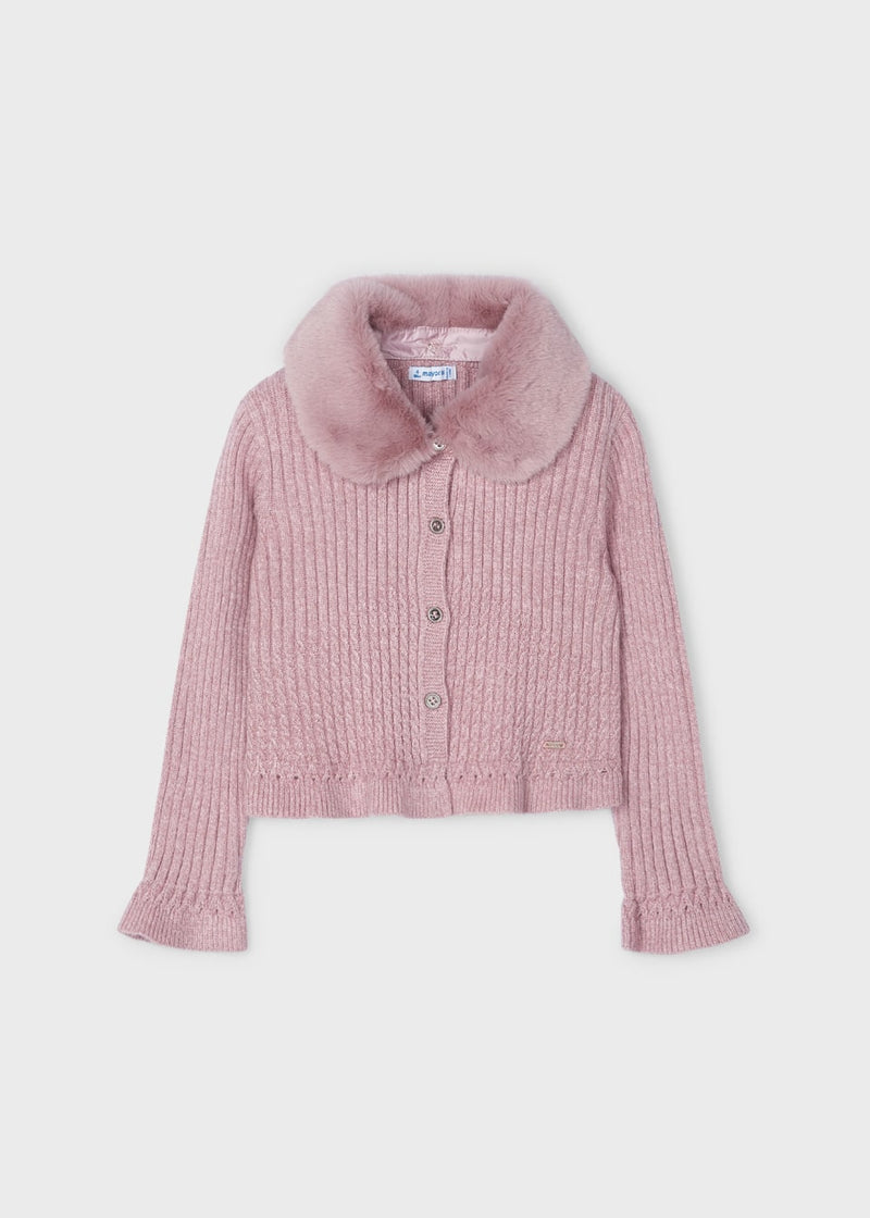 Mayoral Girls Tricot Cardigan with Fur Collar - Rosado - Pink - 4362