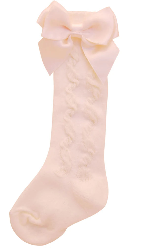 "Grazia" Girls Knee High Ivory Bow Socks
