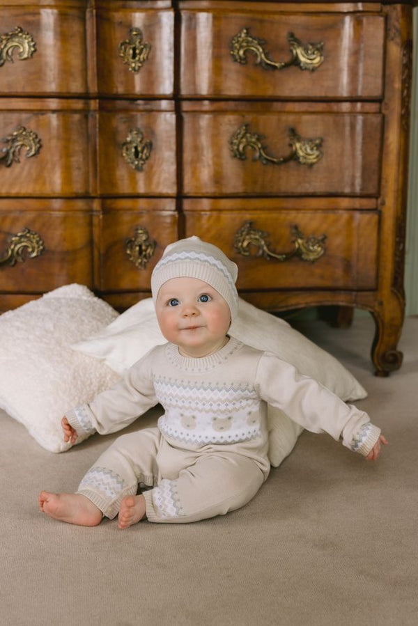 Emile et Rose Beige Teddy Bear Knitted Baby Romper With Matching Hat - Kristian