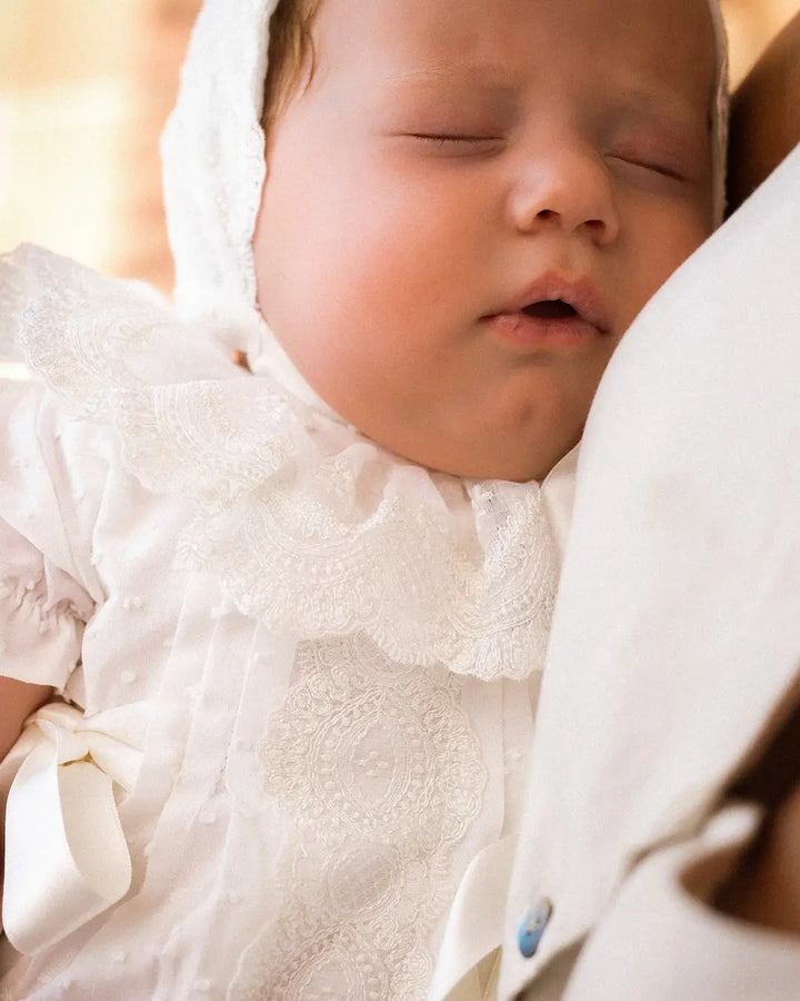 Mac Ilusion Ivory Romper With Lace Detail & Matching Bonnet - 9358