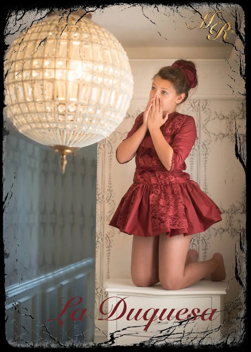 La Marquesita Real La Duquesa Burgundy Drop Waist Dress & Matching Hair Clip