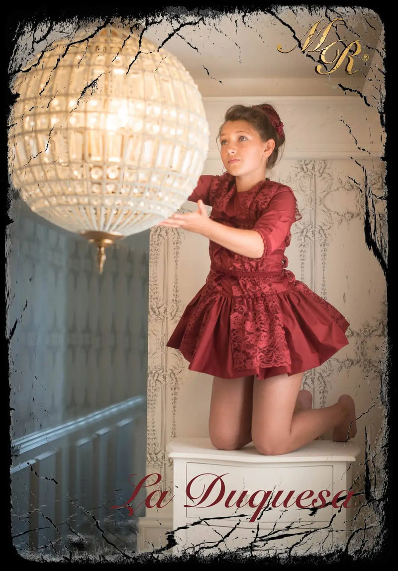 La Marquesita Real La Duquesa Burgundy Drop Waist Dress & Matching Hair Clip