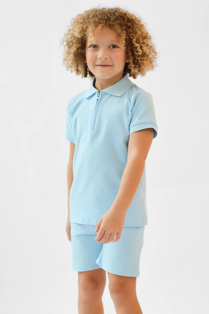 Harris Kids "Jay" Boys Plain Zip Up Polo Short Set - Blue