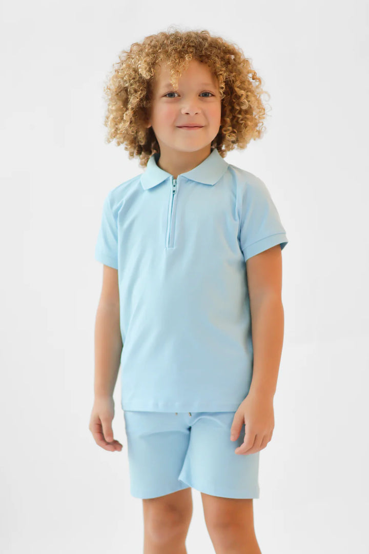 Harris Kids "Jay" Boys Plain Zip Up Polo Short Set - Blue