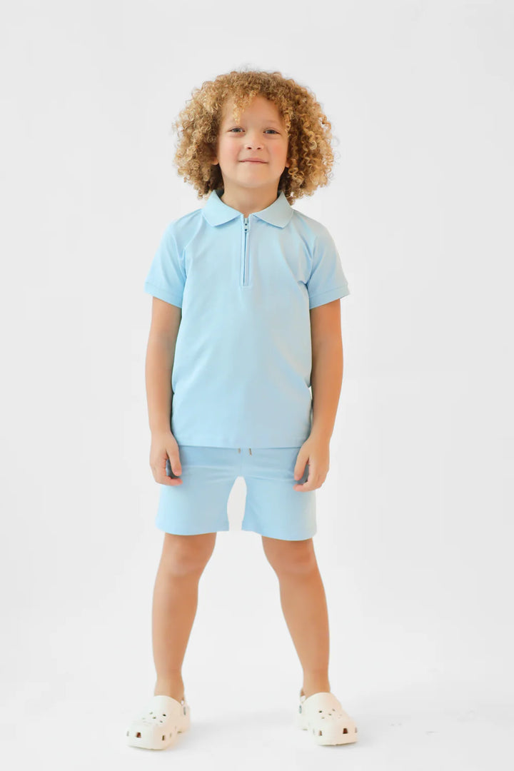 Harris Kids "Jay" Boys Plain Zip Up Polo Short Set - Blue