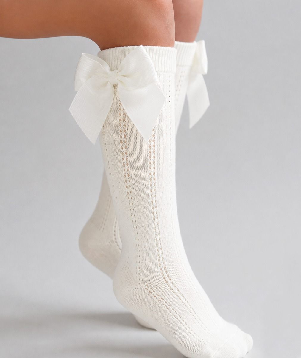 "Kenza" Ivory Knee High Openwork Pointelle Bow Socks