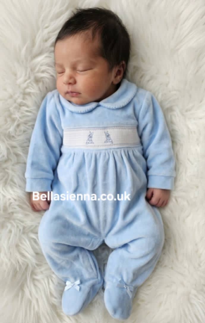 Little Nosh Baby Blue Bunny Velour Sleepsuit/ Babygrow