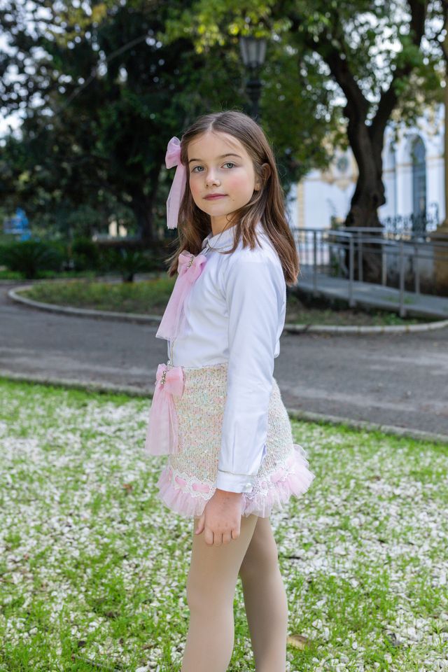 Naxos Girls Pink Tweed & Tulle Skirt & Blouse Set - 7864