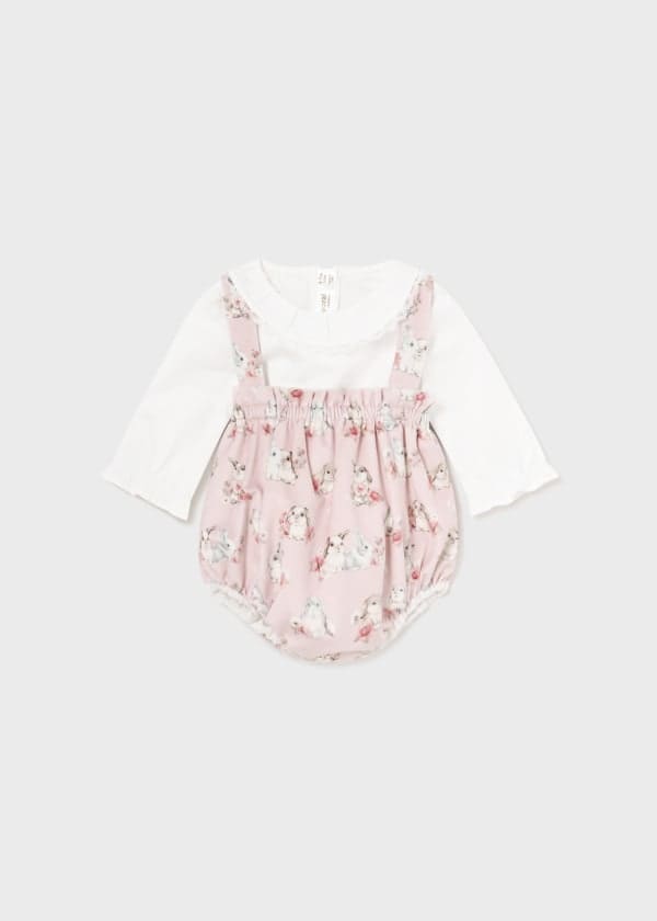 Mayoral Baby Girls Pink Bunny Rabbit velour Three Piece Set - Romper, Blouse & Cardigan  - 2245