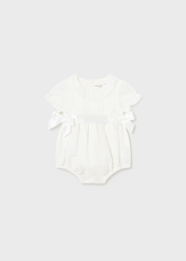 Mayoral Baby Ceremonial Romper With Lace Detail & Bows - 1630 - Ivory