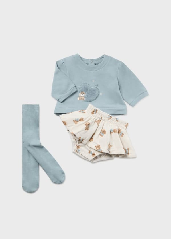 Mayoral Baby Girls Polar Blue Three Piece Set - Jumper, Skirt & Tights - 2816
