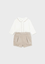 Mayoral Boys Ivory Shirt & Beige Velour Shorts Set - 2247