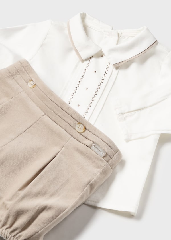 Mayoral Boys Ivory Shirt & Beige Velour Shorts Set - 2247