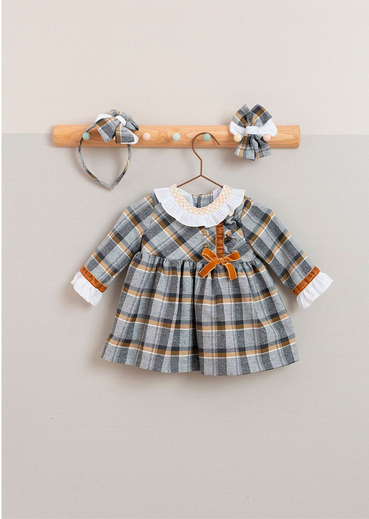 Basmarti Girls Winter Plaid Grey/Brown Bow Headband To Match Dress - 26590