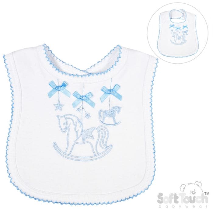 White & Blue Rocking Horse Bib With Bows