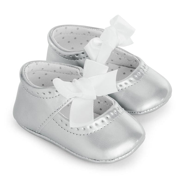 Mayoral Silver/Grey Mary Jane prams shoes with cream tie satin bow. 9232