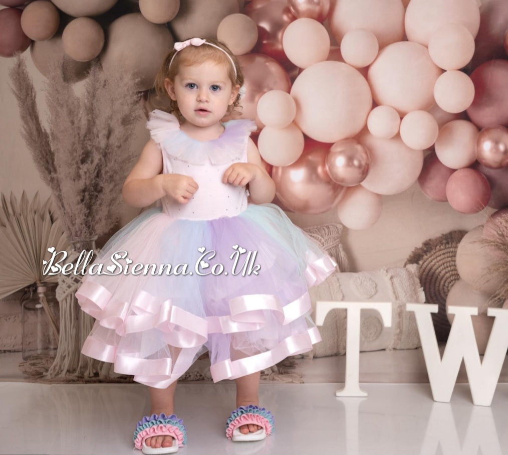 Caramelo Kids Rainbow Tulle Diamanté Party Dress - C0321147