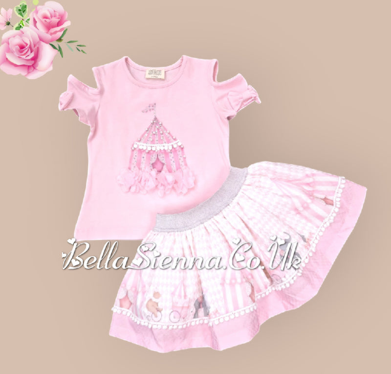 Pink Girls "Circus Fun" Top & Skirt Set With Bows On The Sleeves - 3912