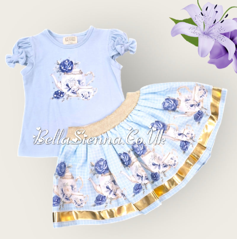 Blue Girls "Tea Party" Top & Skirt Set With Bows On The Sleeves - 3613