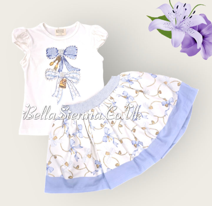 Blue & White "Bow" Skirt & Top Set With Pearl & Sparkle Detail -3608
