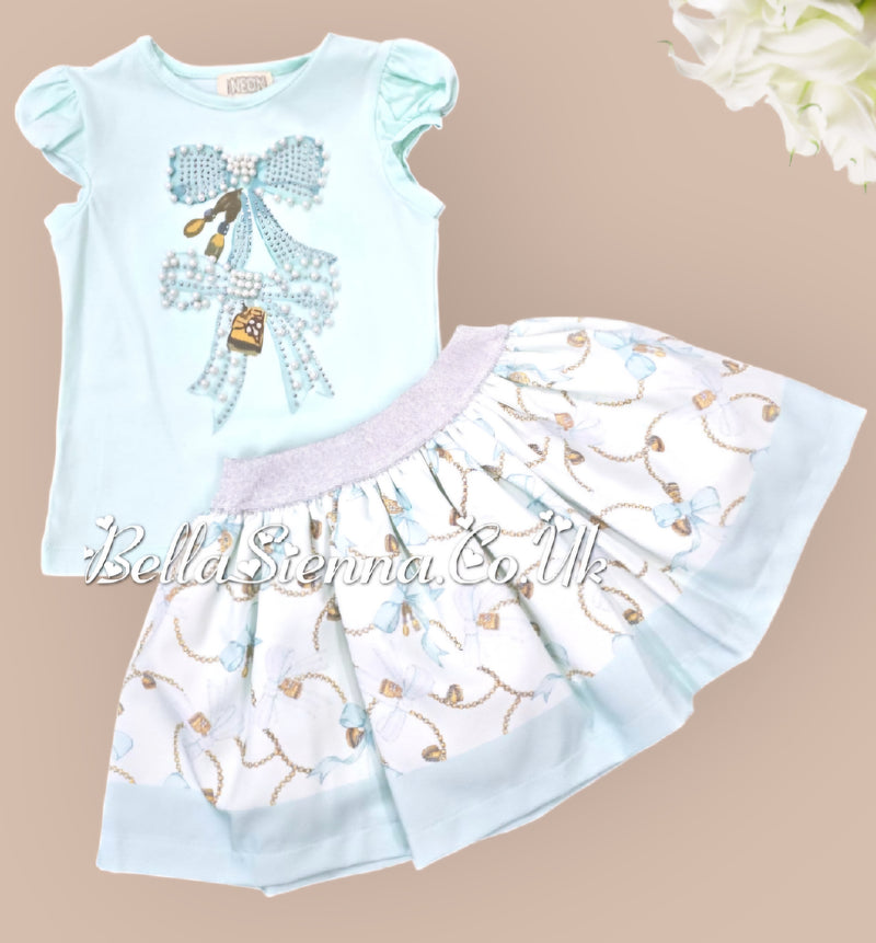 Pastel Green "Bow" Skirt & Top Set With Pearl & Sparkle Detail -3608