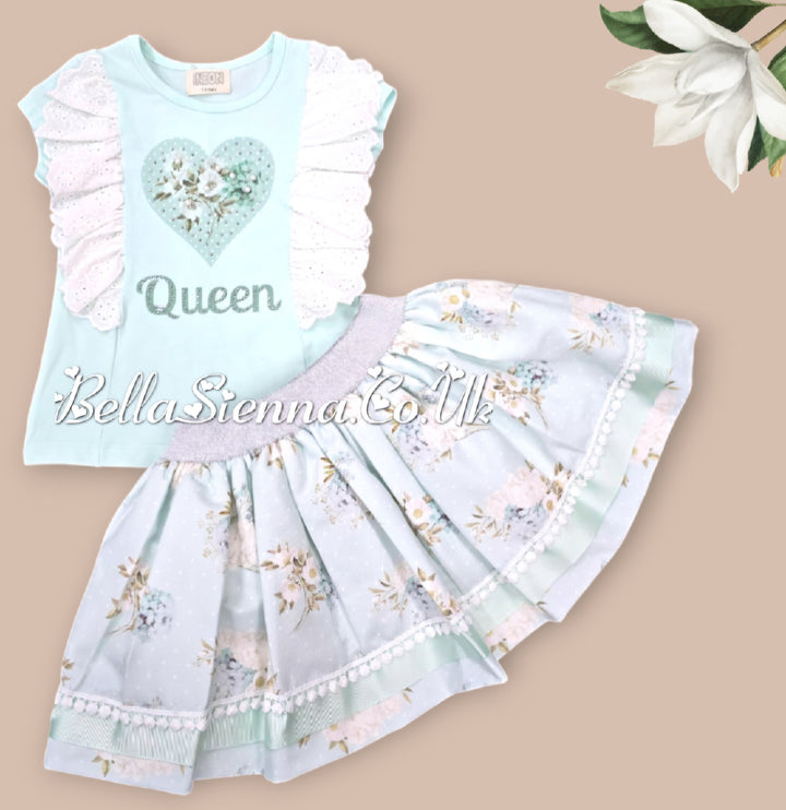 Pastel Green "Queen" Heart Design With Sparkle & Pearl Deatil Skirt & Top Set - 3603