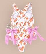 Girls "Teddy Bear" Swimsuit With Pink Bows