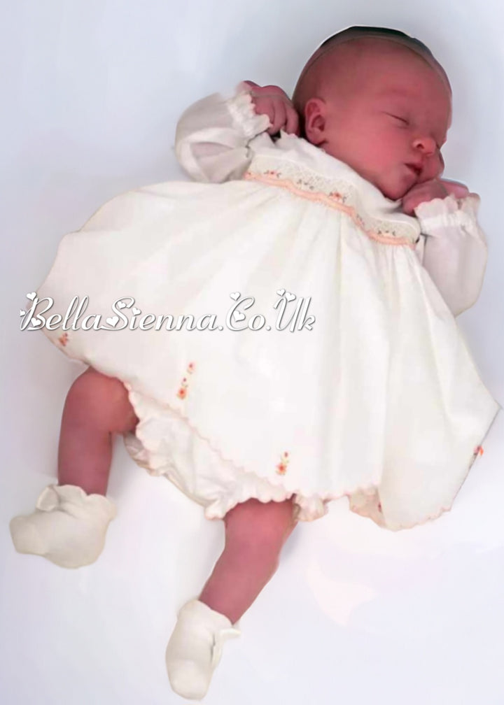 Sarah Louise Baby Girls Ivory And Peach Smocked Dress And Knickers - 0129460