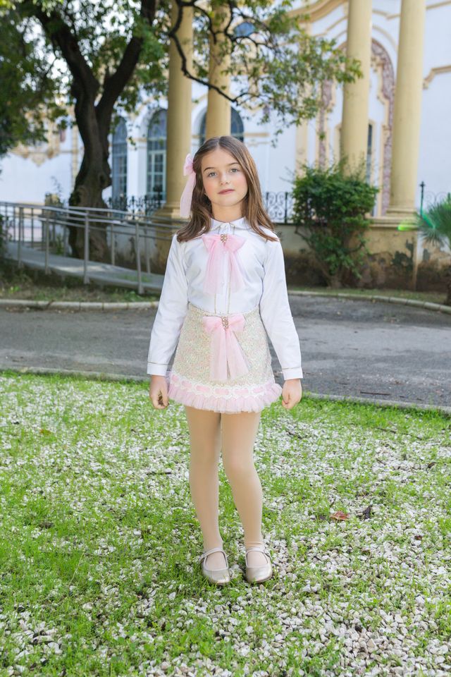Naxos Girls Pink Tweed & Tulle Skirt & Blouse Set - 7864