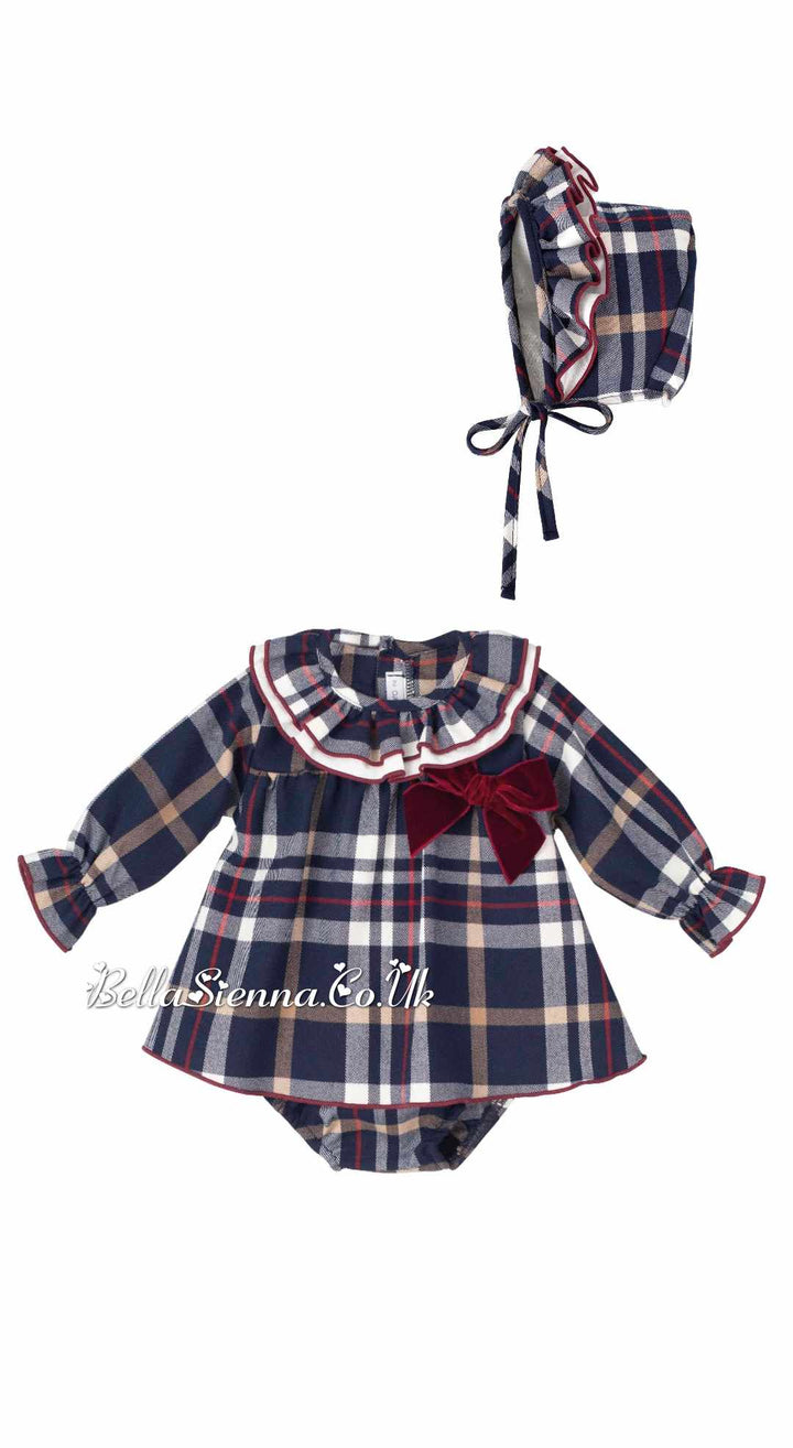 Calamaro Burgundy Check Dress, Pants & Bonnet Set - 22048