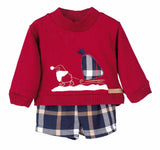 Calamaro Boys Burgundy & Navy Check Christmas Jumper & Shorts Set - 17904