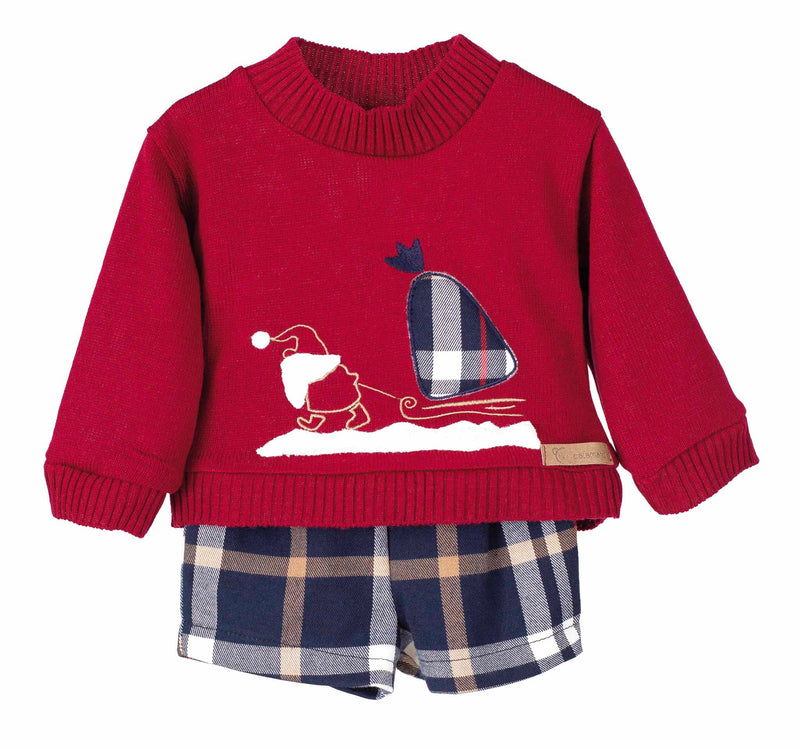 Calamaro Boys Burgundy & Navy Check Christmas Jumper & Shorts Set - 17904