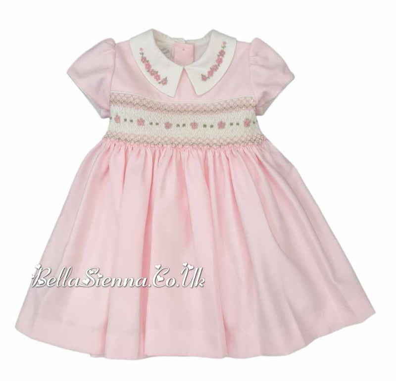 Pretty Originals Pink & Cream Hand Smocked Dress With Embroidered Flowers & Headband BD02214N - BD022141