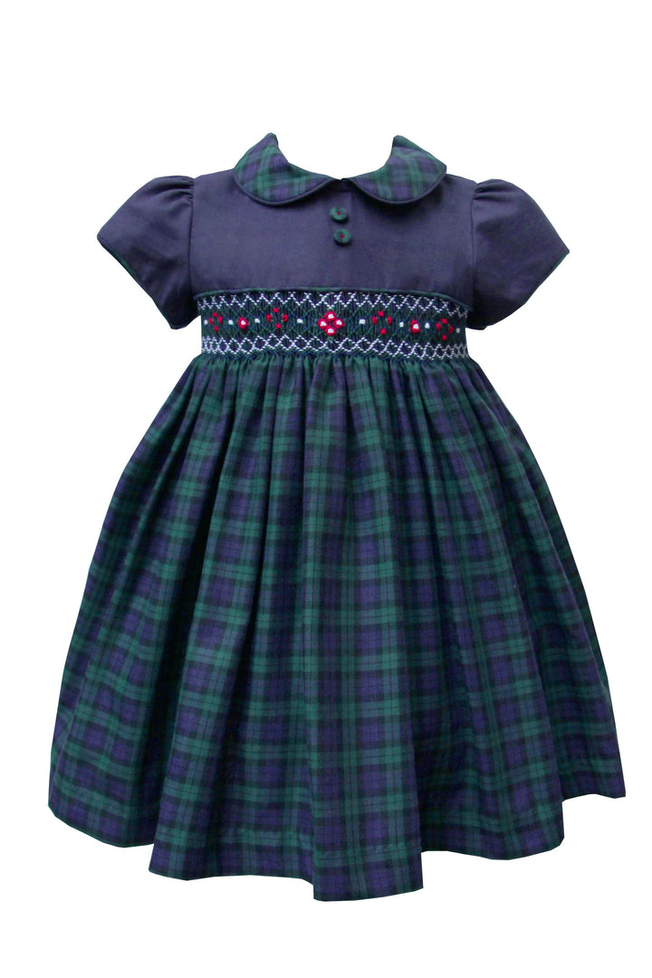 Pretty Originals Navy & Green Check Hand Smocked Dress & Headband - MC01371