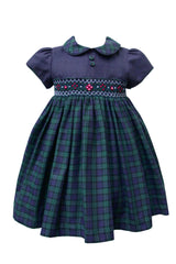 Pretty Originals Navy & Green Check Hand Smocked Dress & Headband - MC01371