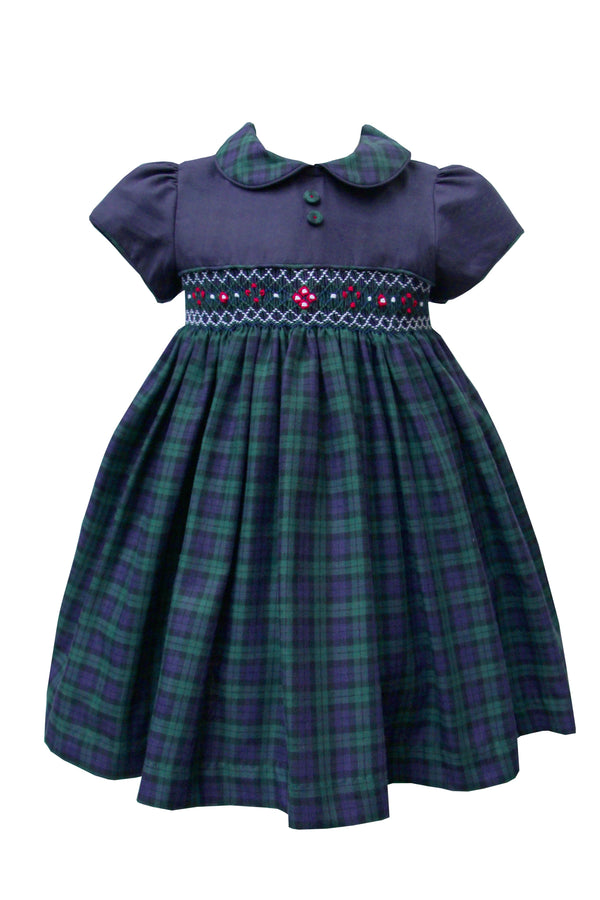 Pretty Originals Navy & Green Check Hand Smocked Dress & Headband - MC01371