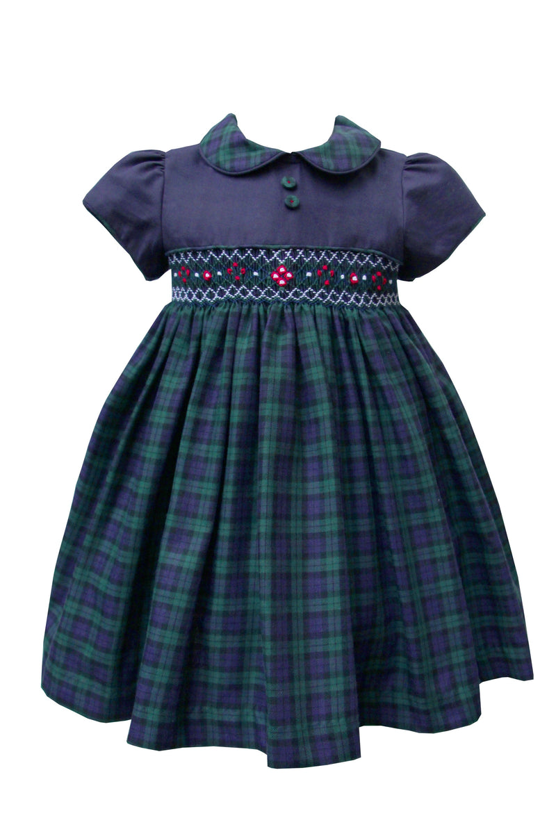 Pretty Originals Navy & Green Check Hand Smocked Dress & Headband - MC01371