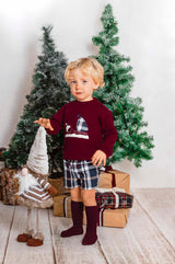 Calamaro Boys Burgundy & Navy Check Christmas Jumper & Shorts Set - 17904