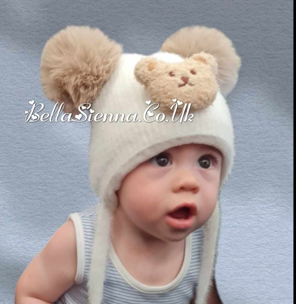 Jamiks Ivory & Beige Synthetic Fur Pom Pom Teddy Bear Hat - JZG087