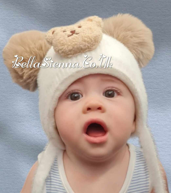 Jamiks Ivory & Beige Synthetic Fur Pom Pom Teddy Bear Hat - JZG087