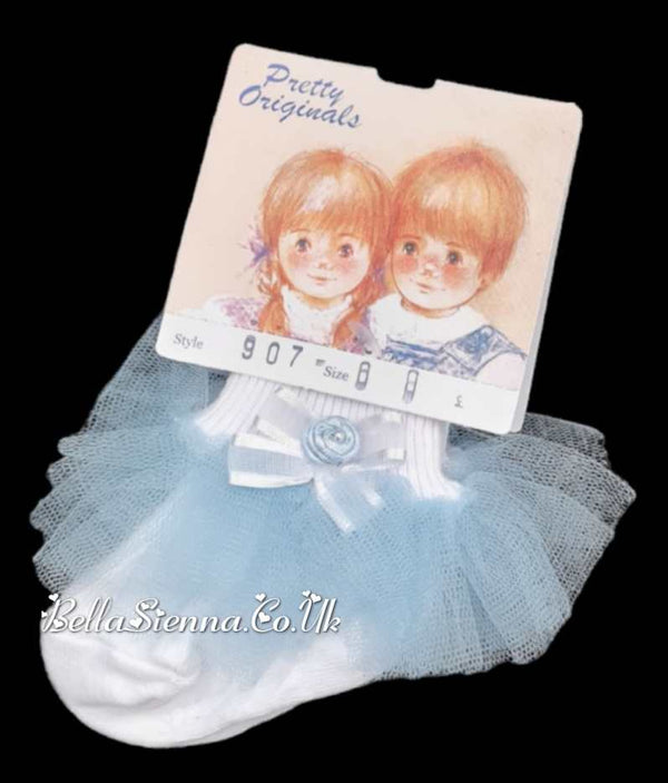 Pretty Originals White Ankle Socks With Bows & Blue Tulle - SX00907
