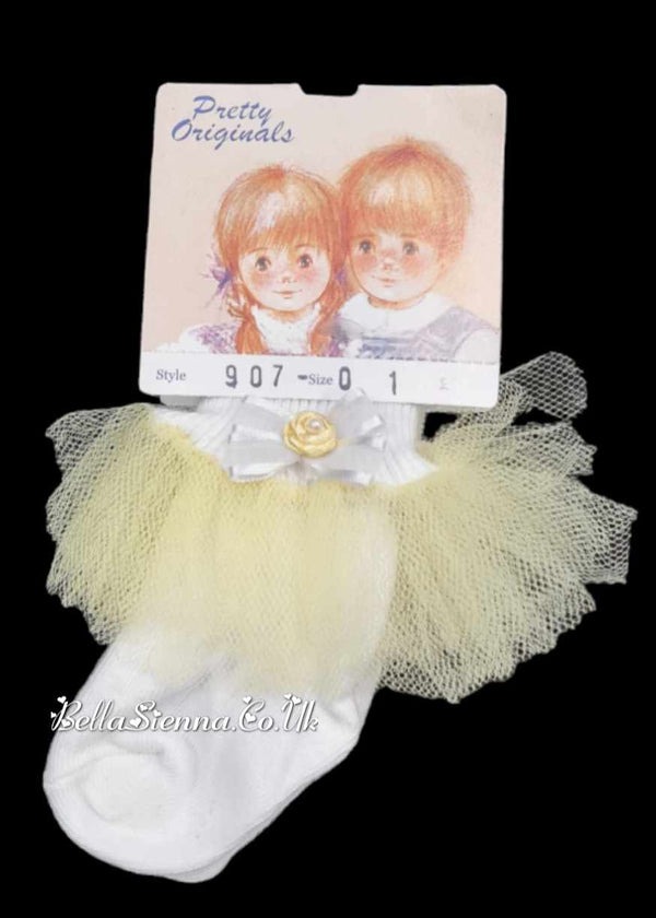 Pretty Originals White Ankle Socks With Bows & Lemon Tulle - SX00907