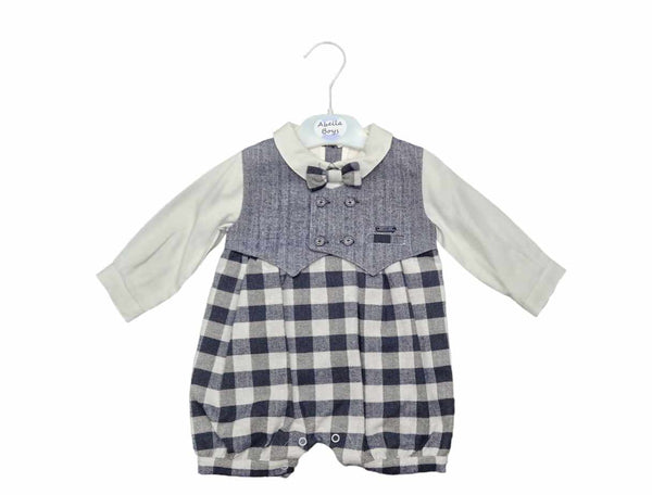 Abella Boys Romper With Removeable Dicky Bow - Grey & Navy Blue