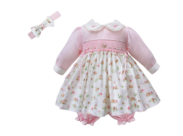 Pretty Originals Pink Floral & Bear Print Dress, Bloomers & Headband/Hairclip - MT02343