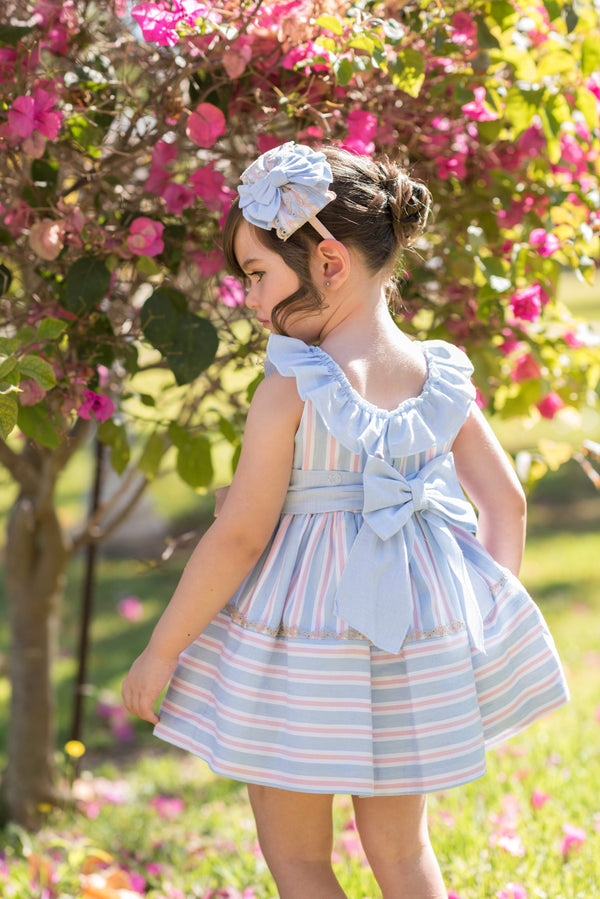 Dolce Petit Pink & Blue Stripe Dress With Beige Bows & Matching Headband/Hair Clip- 2249
