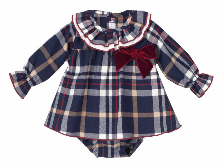 Calamaro Burgundy Check Dress, Pants & Bonnet Set - 22048