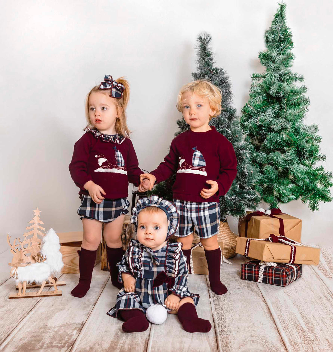 Calamaro Boys Burgundy Navy Check Christmas Jumper Shorts Set