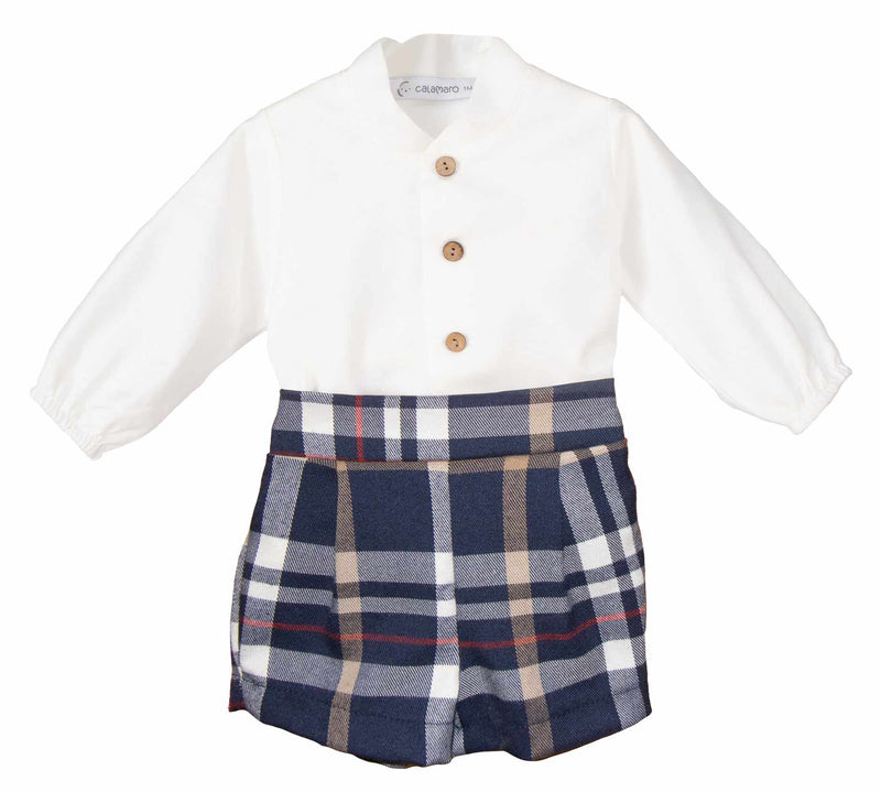 Boys Navy Check Shirt & Shorts Set - 17911