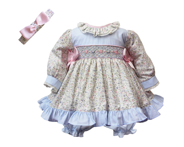 Pretty Originals Pale Blue Floral Print Dress, Bloomers & Headband - MT02347