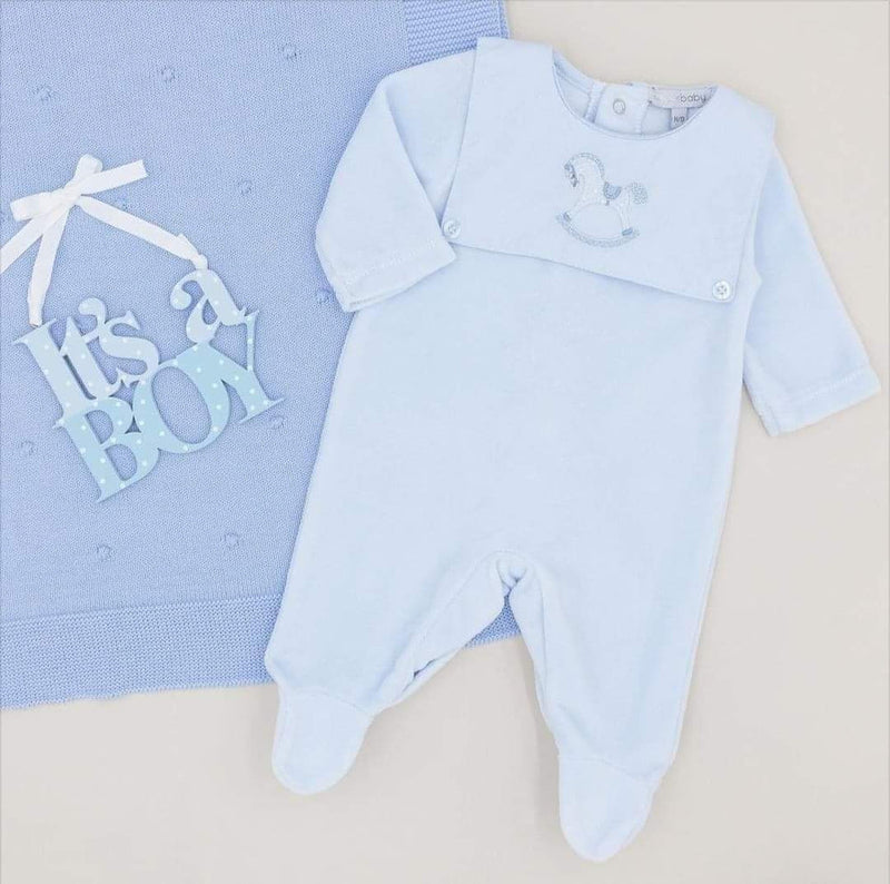 Blues Baby Blue Velour Rocking Horse Embroidered Unisex Babygrow - BB0150